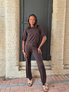 Only Knitted Short Sleeve Top & Wide Leg Trouser Co-ord Set In Brown - Items Sold Separately