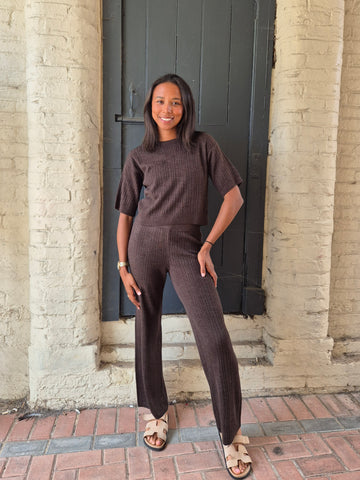 Only Knitted Short Sleeve Top & Wide Leg Trouser Co-ord Set In Brown - Items Sold Separately
