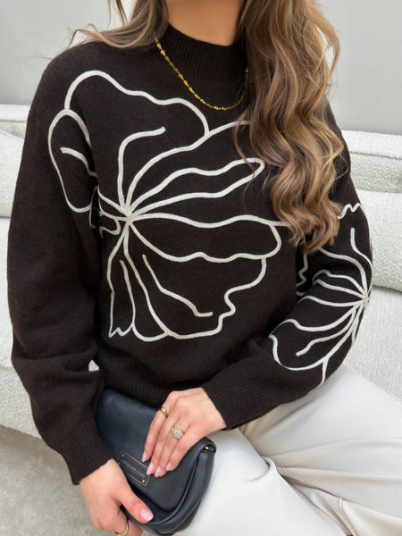 JDY Flower Stitch Jumper In Brown