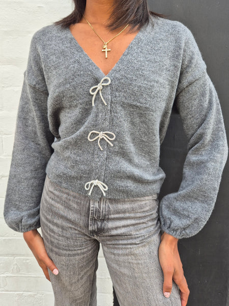 Only Rhinestone Bow Jumper In Grey