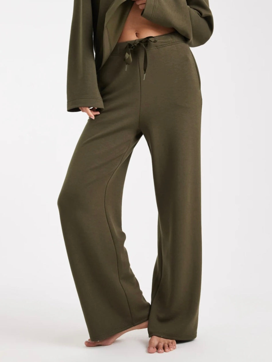 VM Soft High Elasticated Waist Wide Leg Jogger Trousers In Khaki