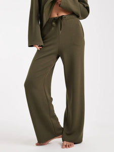 VM Soft High Elasticated Waist Wide Leg Jogger Trousers In Khaki