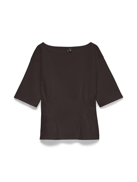 VM Boatneck Cinch Waist Short Sleeve Top In Chocolate Brown