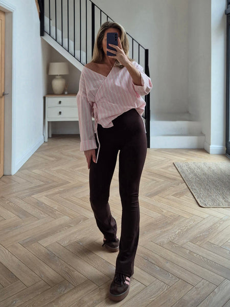 Pieces V-neck Collarless Wrap Shirt In Pink Pinstripe