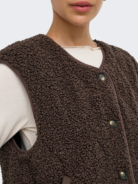 Only Button Front Teddy Gilet Waistcoat In Chocolate Brown