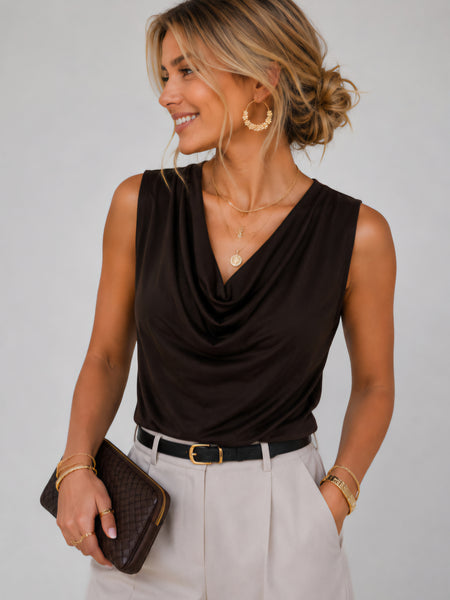 JDY Sleeveless Cowl Neck Top In Chocolate Brown