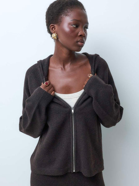 VM Knitted Wide Leg Trouser & Zip Front Hoodie Co-ord Set In Chocolate Brown - Items Sold Separately