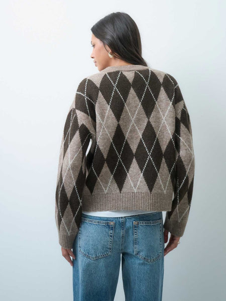 JDY Crew Neck Knit Jumper In Chocolate Argyle