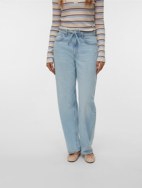 VM High Waist Barrel Jeans With Waist Tie In Light Blue