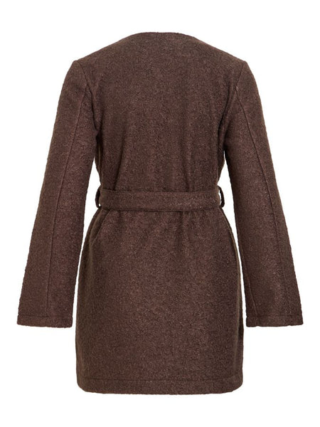 Vila Round Neck Classic Belted Coat In Chocolate Brown
