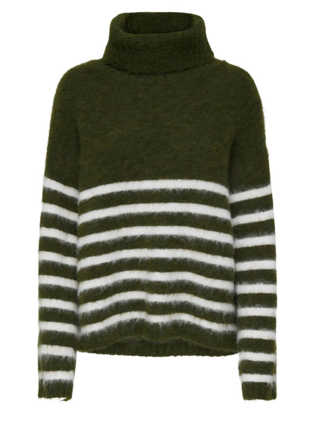 Only Rollneck Fluffy Oversized Knit Jumper In Green Stripe