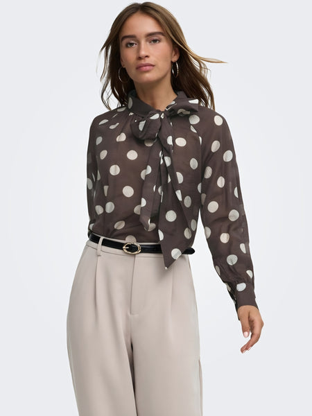 JDY Bow Neck Long Sleeve Polkadot Blouse In Chocolate Brown