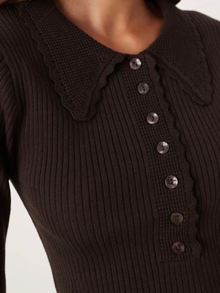 JDY Collared Button Front Ribbed Top In Chocolate Brown