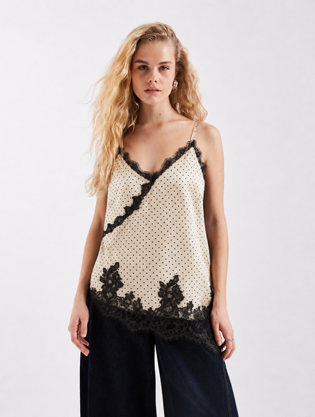 VM Polkadot Asymmetric Lace Trim Cami Top In Birch