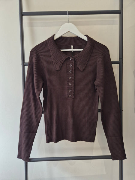 JDY Collared Button Front Ribbed Top In Chocolate Brown