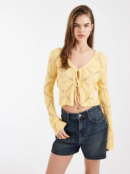 VM Crochet Long Sleeve Tie Front Top in Lemon