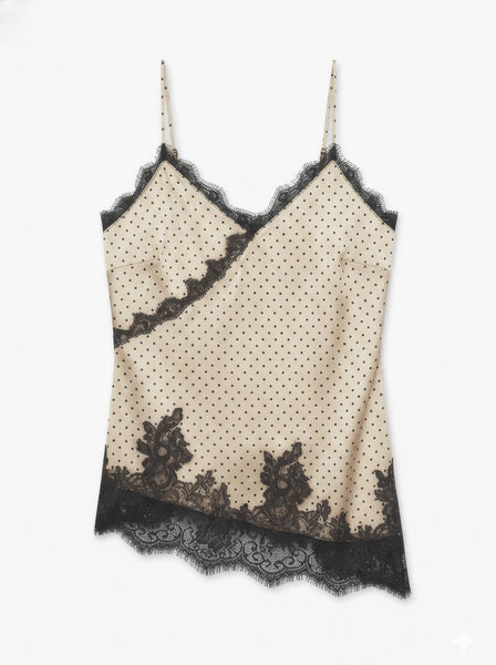 VM Polkadot Asymmetric Lace Trim Cami Top In Birch
