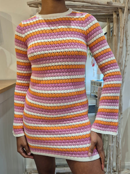 Something New Pink Crochet Long Sleeve Mini Dress