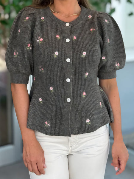 Pieces Embroidered Short Sleeve Peplum Hem Knitted Cardigan In Khaki