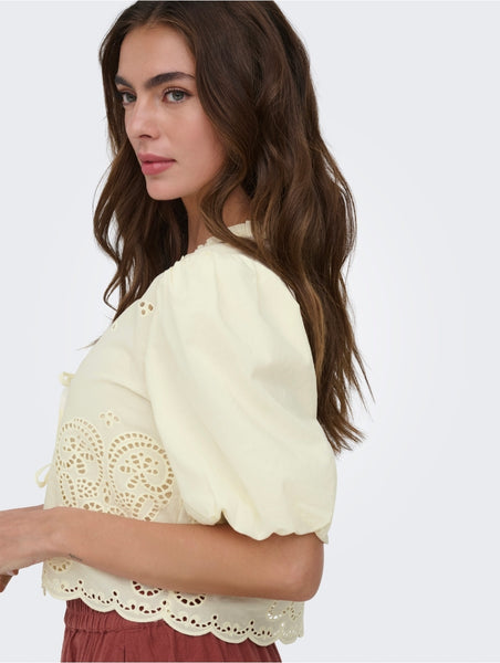 Only Embroidered Tie Front Short Sleeve Top In Pale Lemon