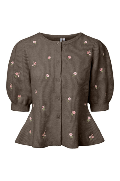 Pieces Embroidered Short Sleeve Peplum Hem Knitted Cardigan In Khaki