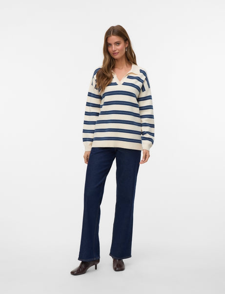 VM Long Sleeve Stripe Poloneck Knit Jumper In Blue
