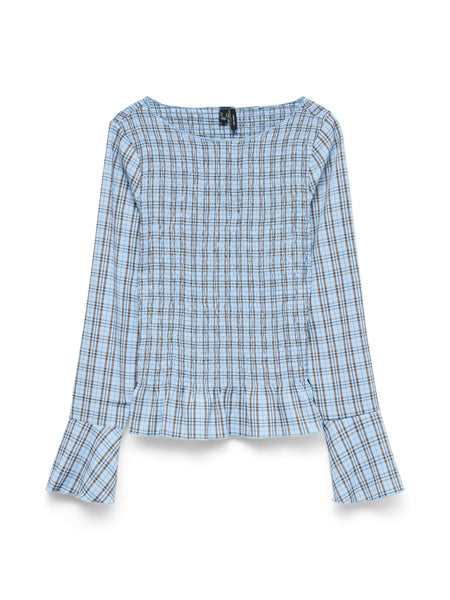VM Long Sleeve Shirred Check Boatneck Top In Blue