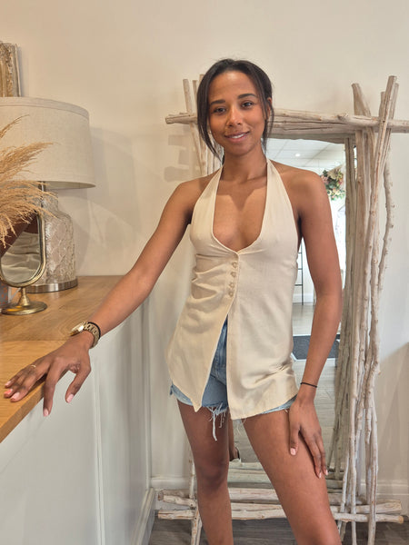 VM Linen Halterneck Split Front Top In Oatmeal