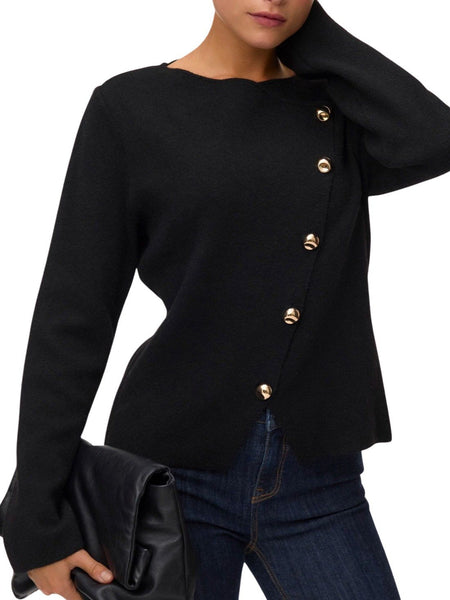 Vm Asymmetric Gold Button Front Long Sleeve Knitted Top In Black