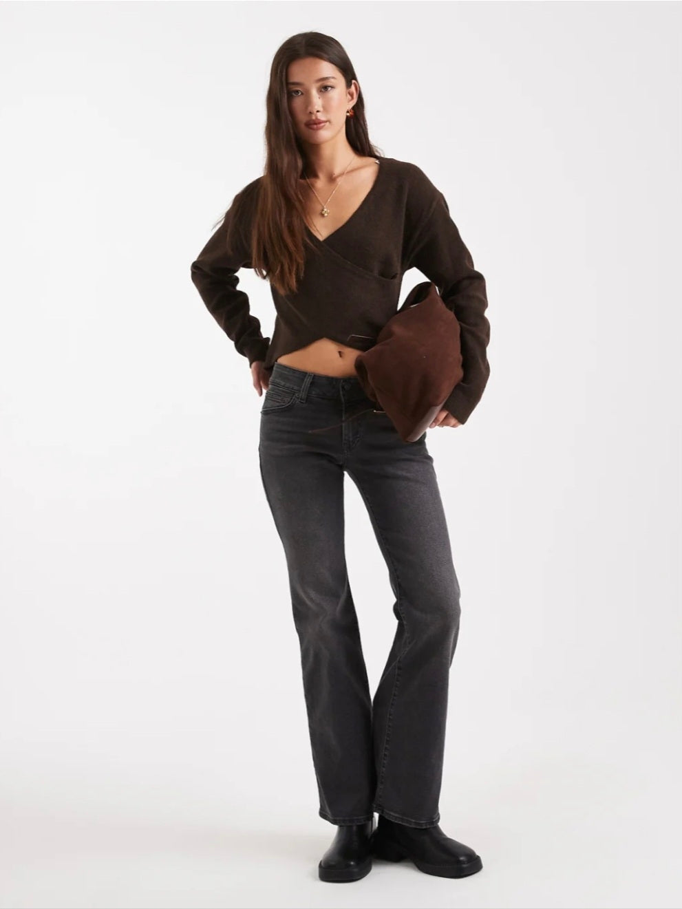 Pieces Long Sleeve Reversible Knit Top in Chocolate