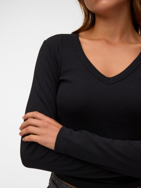 VM Ribbed Long Sleeve V-Neck Top In Black