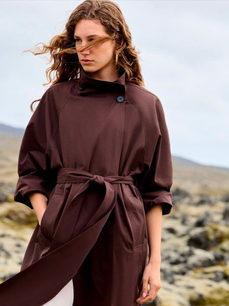 Vila Belted Funnel Neck Trench Coat In Dark Brown