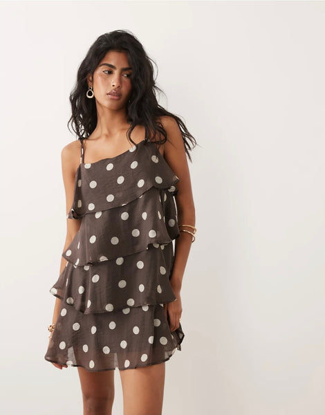 JDY Mini Ruffle Cami Dress In Brown Polka Dot