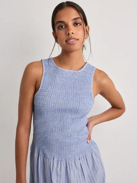VM Shirred Bodice Midi Dress In Blue Pinstripe