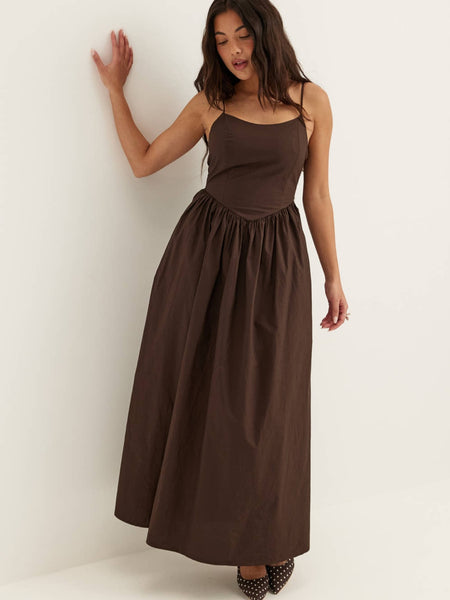 Only Corset Open Tie Back Long Maxi Dress In Chocolate Brown