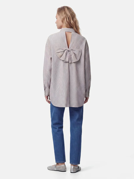 Pieces Oversized Longline Pinstripe Bow Back Shirt