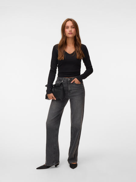 VM Ribbed Long Sleeve V-Neck Top In Black