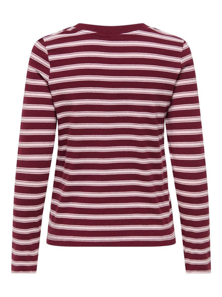 JDY Long Sleeve Heart Tshirt In Wine Stripe
