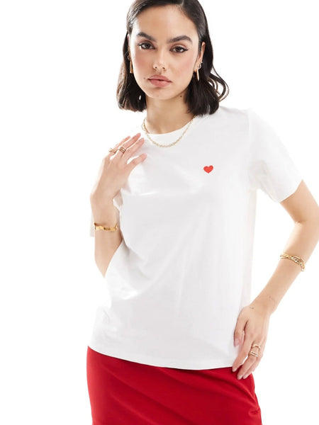 JDY Short Sleeve Heart Tshirt In White