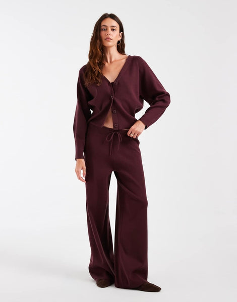 Only Vneck Knitted Cardigan & Wide Leg Trouser Co-ord Set In Wine - Items Sold Separately