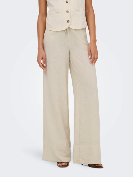 JDY Elasticated Waist Wide Leg Palazzo Trousers In Oatmeal