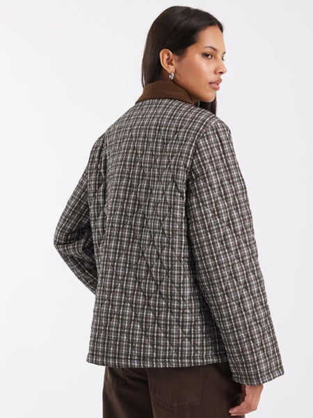Pieces Quilted Short Jacket With Cord Collar In Green & Burgundy Check