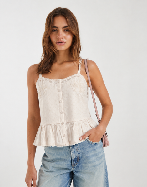 Only Embroidered Peplum Hem Button Front Top