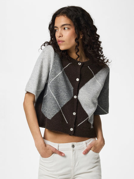 Pieces Argyle Short Sleeve Knit Cardigan In Brown