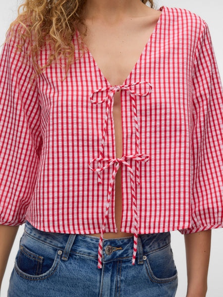 VM 3/4 Sleeve Tie Front Top In Red Gingham