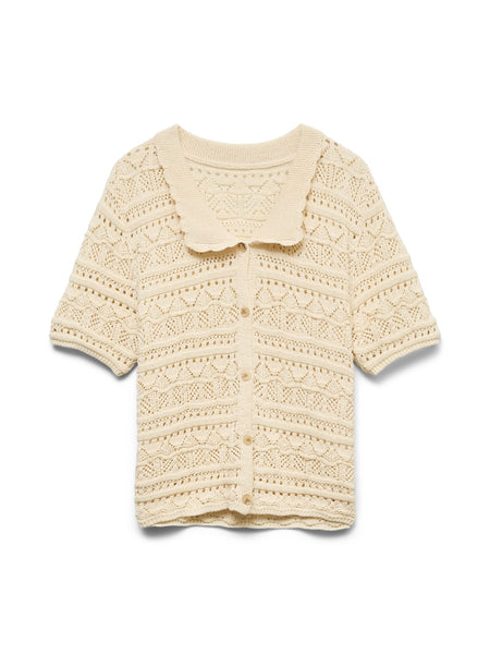 VM Short Sleeve Crochet Poloneck Top In Birch