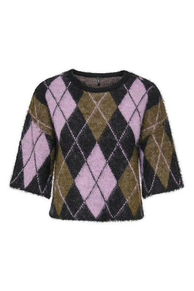 Only Boxy Short Sleeve Argyle Knit Top In Pink & Black