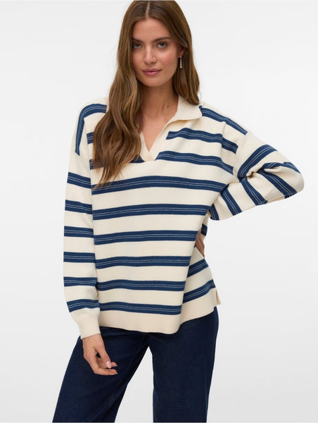 VM Long Sleeve Stripe Poloneck Knit Jumper In Blue