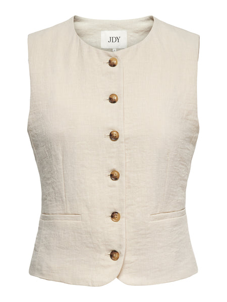 JDY Round Neck Tailored Button Front Waistcoat In Oatmeal