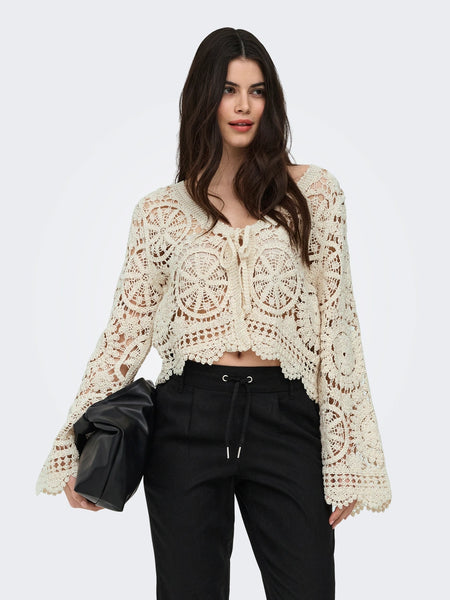 Only Tie Front Crochet Cardigan In Cream